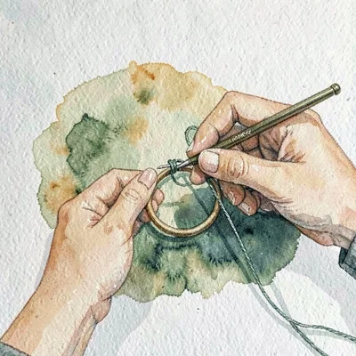 Gouache illustration of hands embroidering a small hoop, ochre and forest green