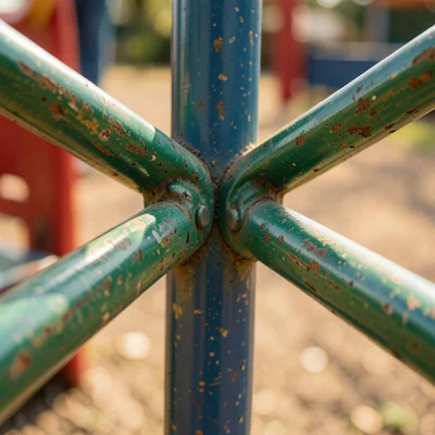 A climbing frame junction, where three bars meet, paint chipped by a thousand sh