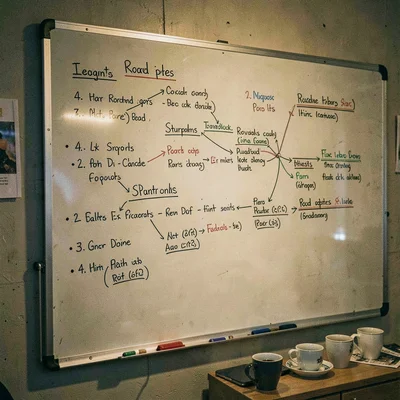Documentary photograph, Whiteboard covered in startup metrics and roadmaps, coff
