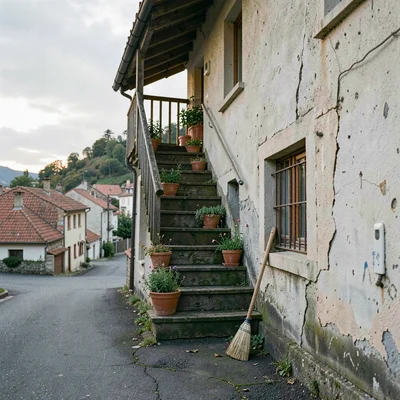 Quiet small town photography, contemplative scene, A worn wooden staircase ascen