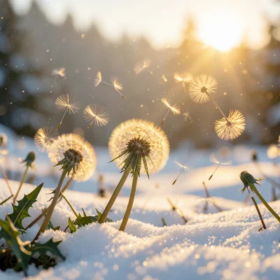 Dandelion seeds floating through snowstorm, each seed glowing warm gold