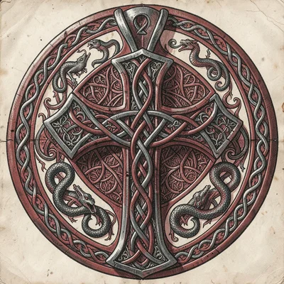 Knotwork cross pendant design — full interlace coverage on cross arms, circular 