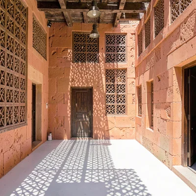 Afternoon sun through mashrabiya lattice in Lamu, Kenya, Interior courtyard at n