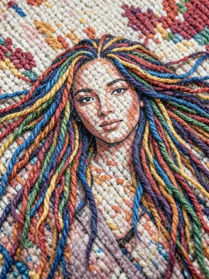 A portrait of a woman with flowing hair, each strand a visible yarn fiber