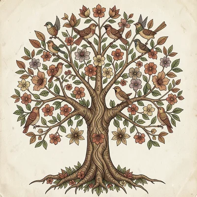 Kalamkari pen illustration, the tree of life with birds and flowers , hand-drawn