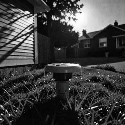 Sprinkler head emerging from grass like periscope, surveillance technology disgu
