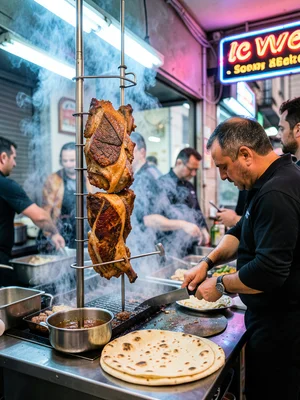 A kebab shop in Istanbul, vertical rotisserie of lamb, the vendor slicing paper-