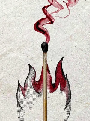 A lit match held upright with curling smoke in red and black inks against a text