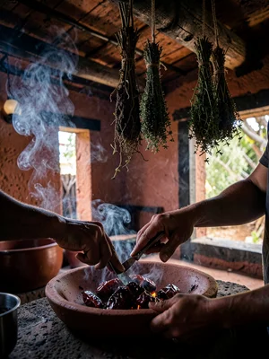 Dried Herb Bundles Hanging from Smoke-Darkened Beams