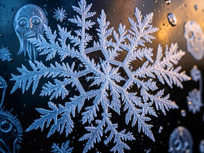 Frost patterns on window resembling ghostly faces, October morning