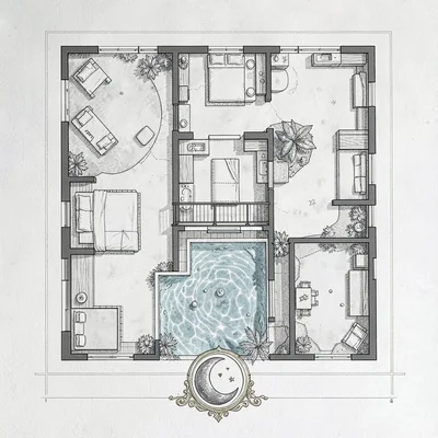 A lunar-honeymoon resort-suite layout with private observation balcony, low-grav