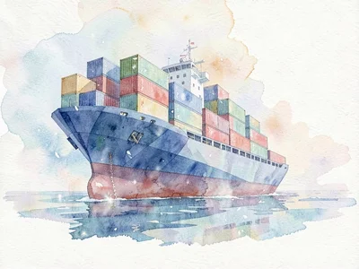 Oversized sapphire lowpoly cargo ship with a faceted hull and stacked containers