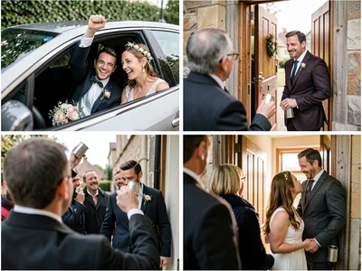 Wedding guest waving from car window, tin cans dragging, the last face the newly