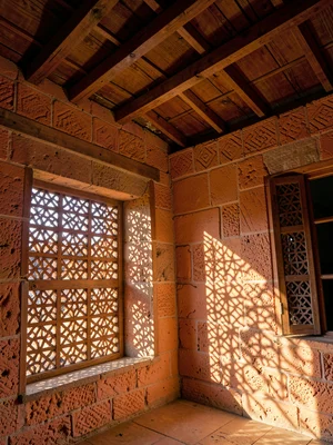 Afternoon sun through mashrabiya lattice in Lamu, Kenya, Wooden ceiling beams in