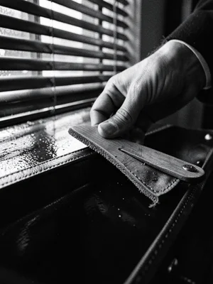 Fingers burnishing a leather belt edge with a wooden slicker