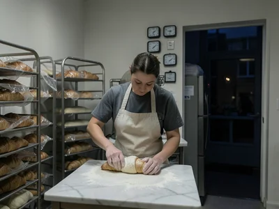 A bakery owner at 4am, alone in their shop kitchen, shaping croissant dough on a