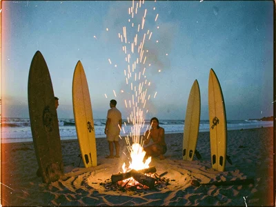 Beach campfire at blue hour