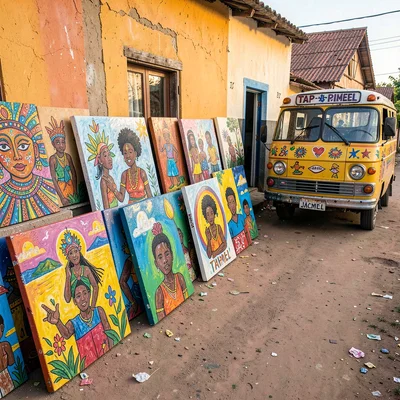 Resilient color in Port-au-Prince, Haiti, Artist studio in Jacmel, canvases of n