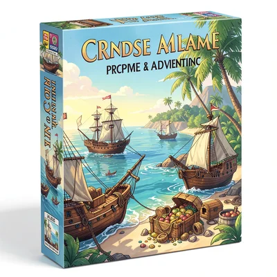 Board game box illustration, a pirate cove with ships at anchor, treasure being 