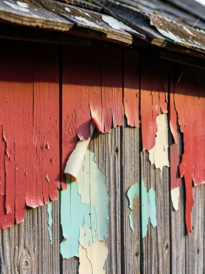 Barn red paint weathering to grey wood, vertical gradient where roof overhang pr