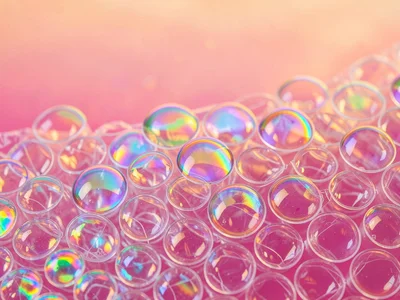 Transparent bubble wrap rippling like water against a sunset peach-to-magenta gr