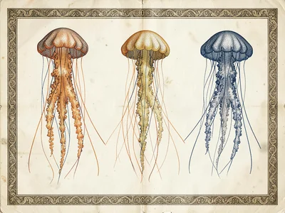 Five jellyfish at successive life stages drifting across a cream paper plate wit