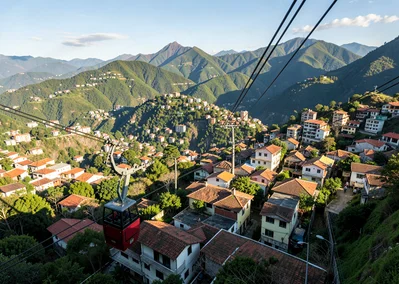 Eternal spring light over transforming Medellín, cable car shadow passing over c