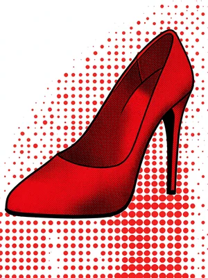 High-heeled shoe close-up, flat red with halftone shading, white ground