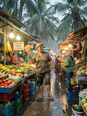 Humid tropical market light in Suva, Fiji, A market vendor fanning herself in th