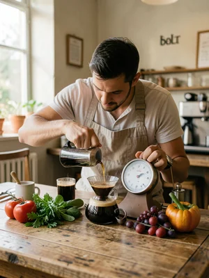 Barista doing pour-over at third-wave coffee shop, scales and timer, minimal aes