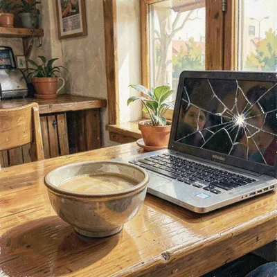Warm photo of a single bowl in front of a cracked-open laptop on a cafe counter