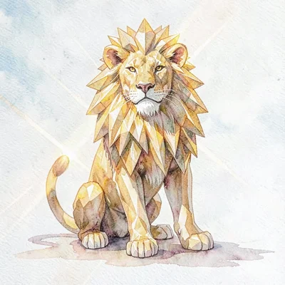 Crystalline citrine lowpoly lion seated in heraldic pose with mane as sharp gold
