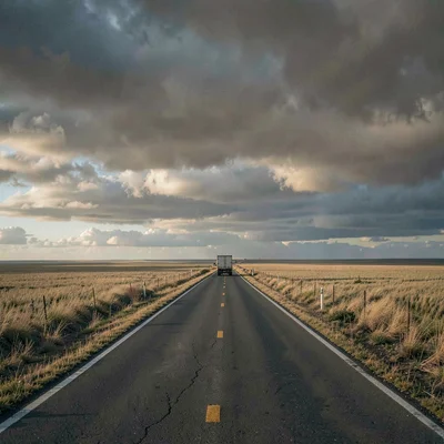 Vast horizontal landscape, extreme width composition, Small truck appearing as a