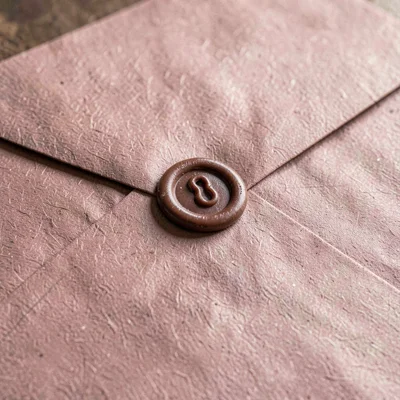 Macro of an envelope with a wax seal in dusty rose, fiber grain visible