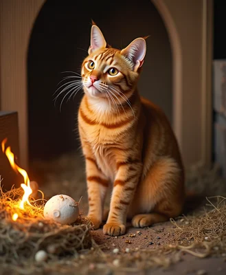 Orange cat sitting in nativity scene
