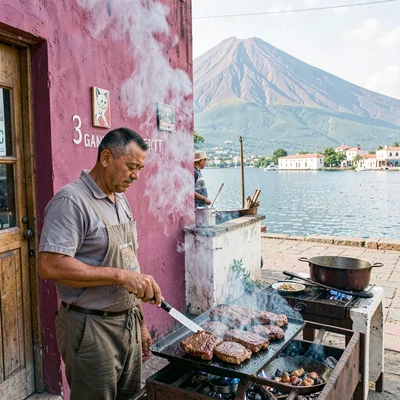 Colonial color against volcano in Granada, Nicaragua, A street food vendor grill
