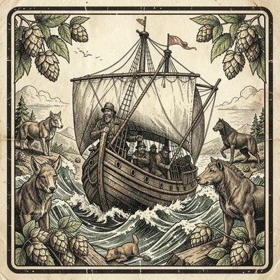Craft beer label illustration, Viking ship sailing through hops waves , brewery 