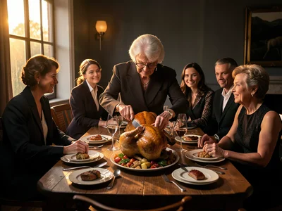 Grandmother carving turkey at head of table, family watching, golden hour from w