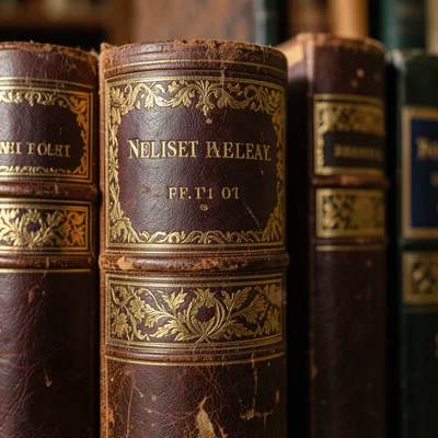 Close-up of a book spine: raised bands, gold-tooled compartments, title in a con