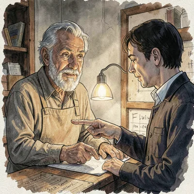 Atmospheric portrait of a shopkeeper teaching rules to a customer with a pointed