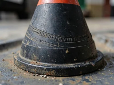 Traffic cone base weight, black rubber texture with tire marks