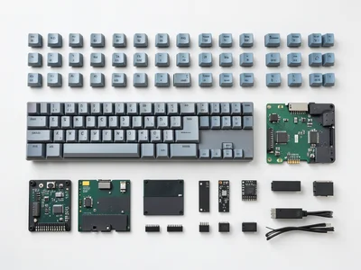 Disassembled mechanical keyboard: keycaps in rows, switches, plate, PCB, stabili