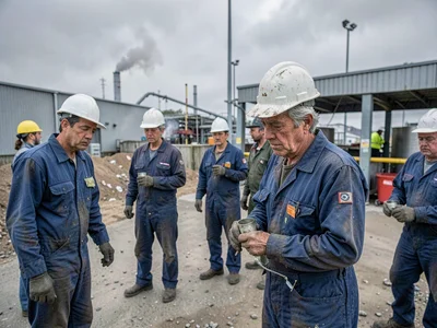 Factory workers on smoke break under grey sky, coveralls and tired faces in hone