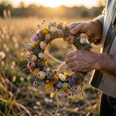 Fingers tying a dried flower wreath with natural twine