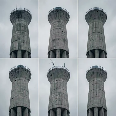 Precise geometric composition, industrial clarity, Typology of nine concrete wat