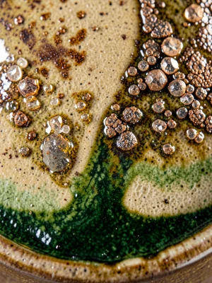 Ash glaze running down a pot wall, thick green accumulation at bottom, thin tan 