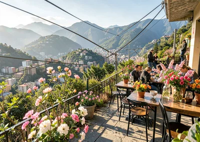 Eternal spring light over transforming Medellín, coffee shop with mountain view,