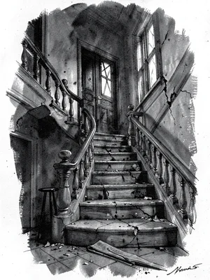 Crumbling staircase in old mansion