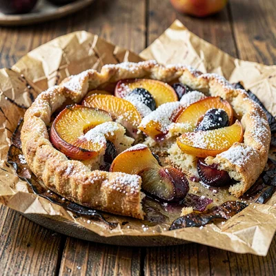 Whole stone-fruit galette with apricots and plums baked on charred parchment, su