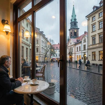 Habsburg café warmth surviving in Lviv, Ukraine, cathedral spire visible through
